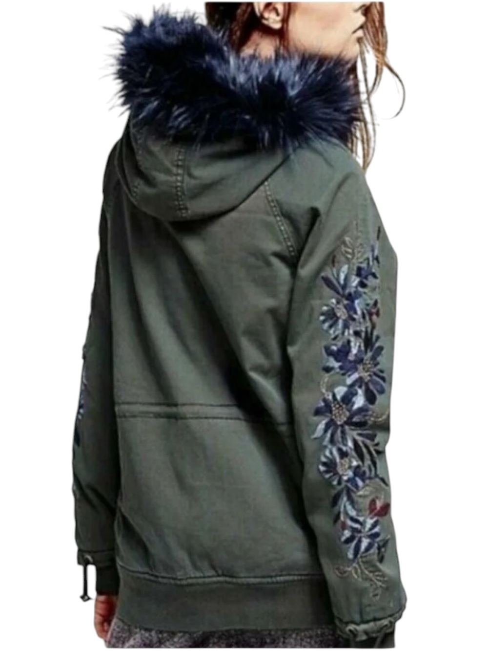 Free People Follow Me Close Embroidered Green Parka matching navy hood trim | S